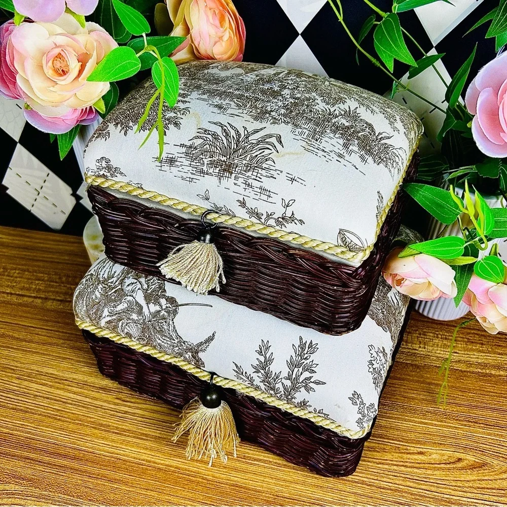 French‎ Country Toile Boxes Wicker Lined Tassel Pair Vintage Luxury